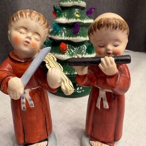 Set of Two Vintage Monks Playing Instruments. Hand Painted. 5.5in Tall
